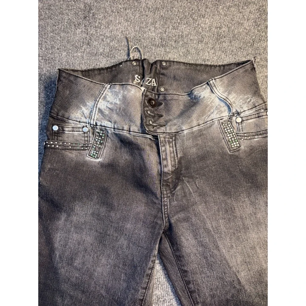 SAZA Skinny Jeans Womens 17 Gray Rhinestone Embellished Lace Up Back Button Fly‎